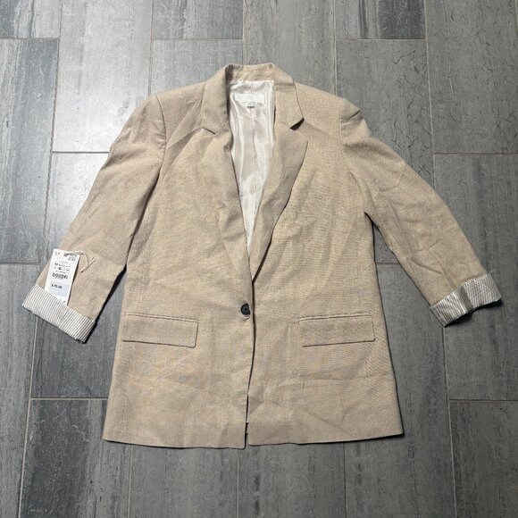 ZARA Oversized Linen Blend Longline Blazer Neutral Beige Tan Size Medium - Picture 2 of 12